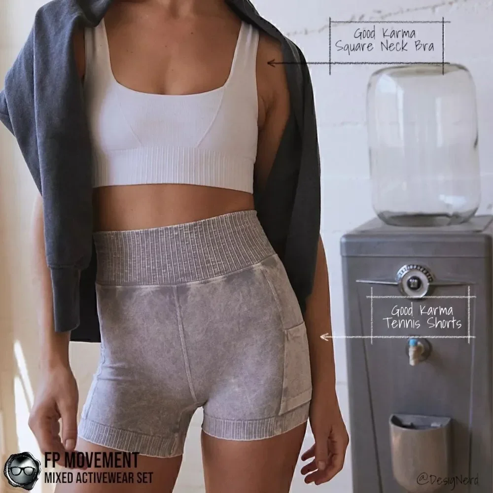 FP MOVEMENT SET GOOD KARMA SQUARE NECK BRA + TENNIS SHORTS + HAPPINESS RUNS CROP